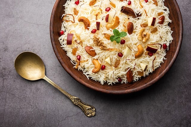 Kashmiri pulao made of Basmati rice cooked with spices and flavored with Saffron and dry fruits