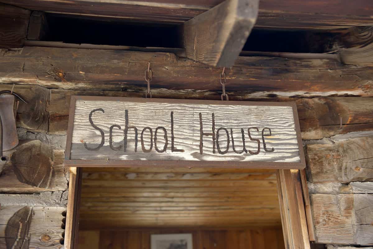 Old school house sign, Jerome, Arizona, USA
