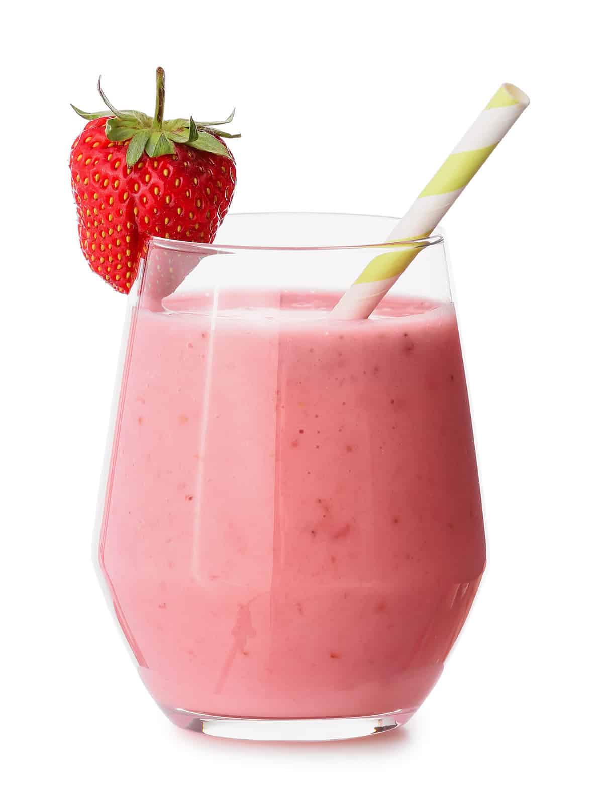 Glass of tasty strawberry smoothie on white background