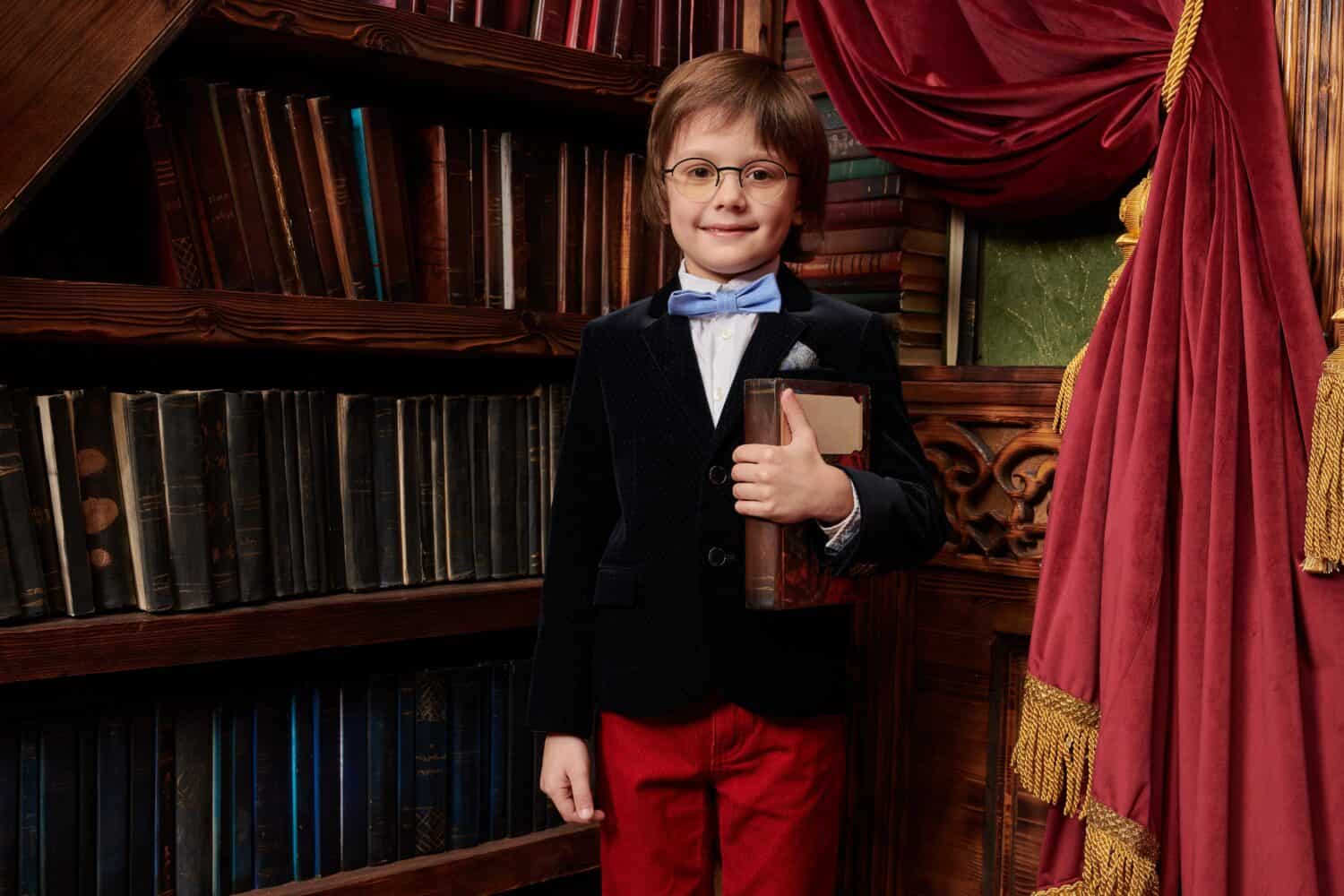 Cute modern boy in elegant classic school uniform and glasses poses in a luxurious vintage library interior holding a book. Kid's school fashion. Glasses style. 