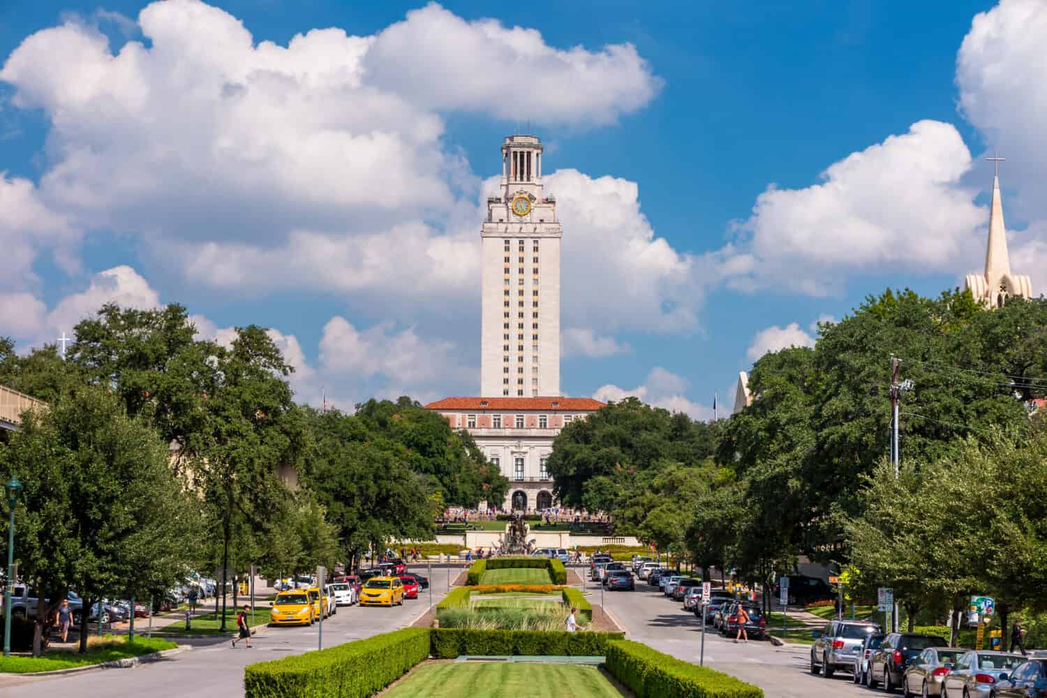  University of Texas (UT) against blue sky in Austin, Texas 