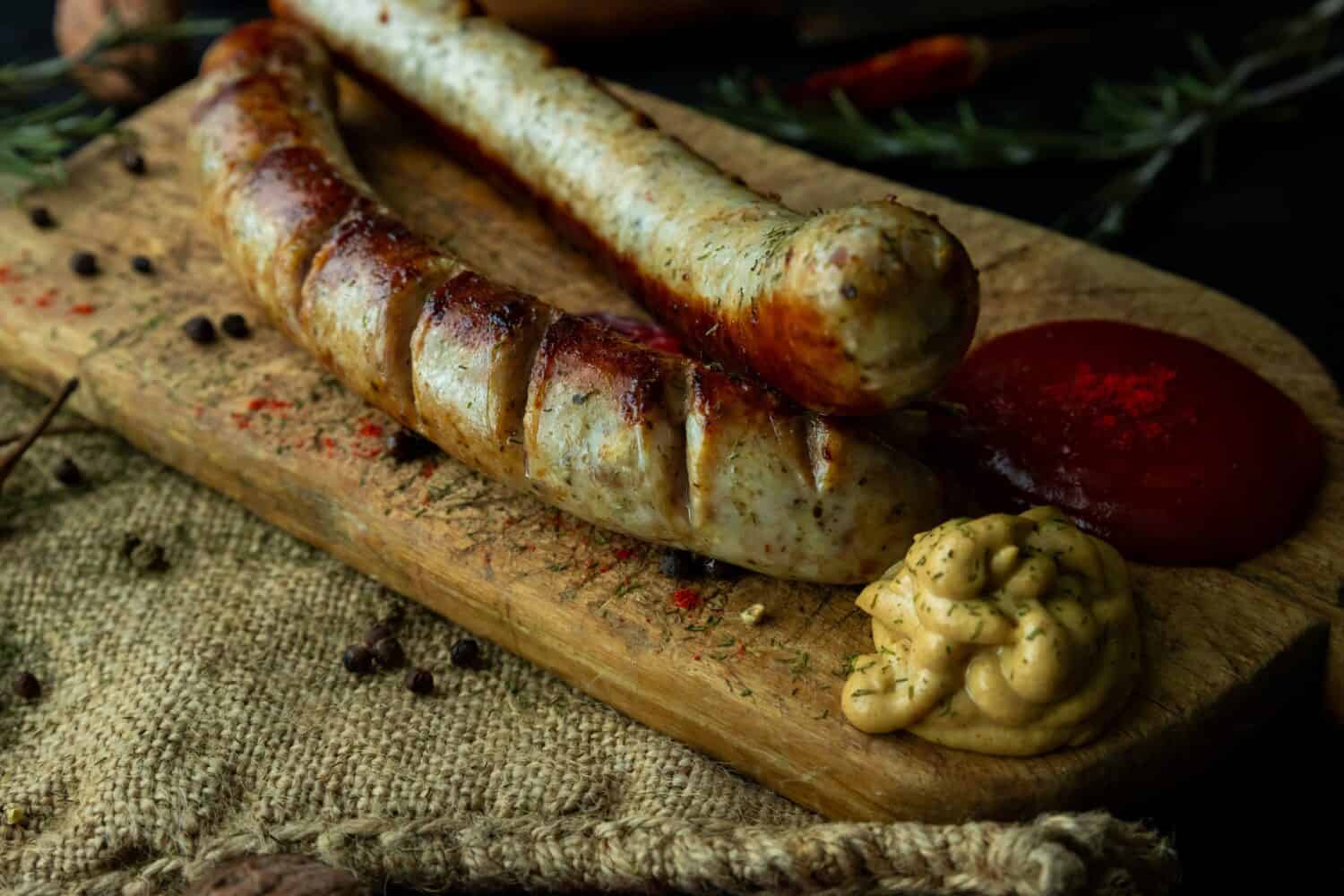 Bratwurst sausages served with mustard and herbs