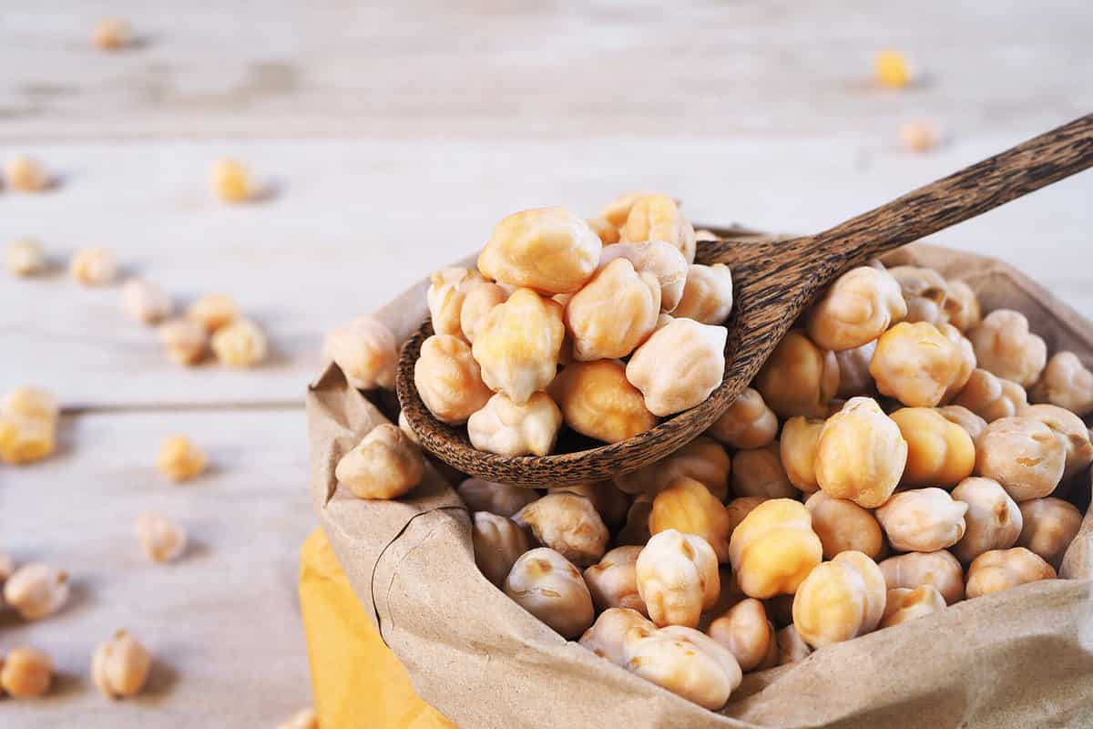 A wooden spoon of dried chickpeas on a chickpea bag.