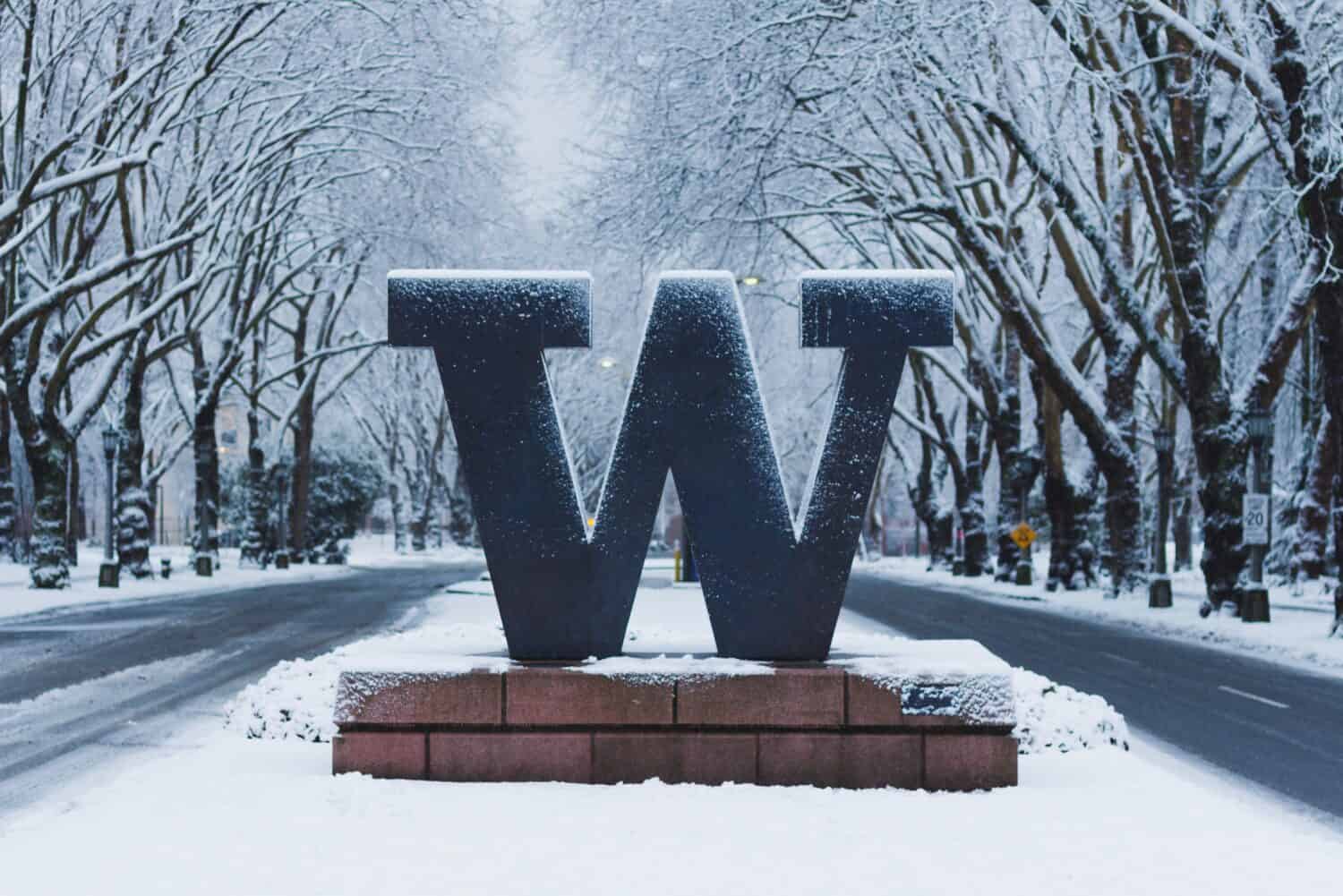 University of Washington welcome sign under snow