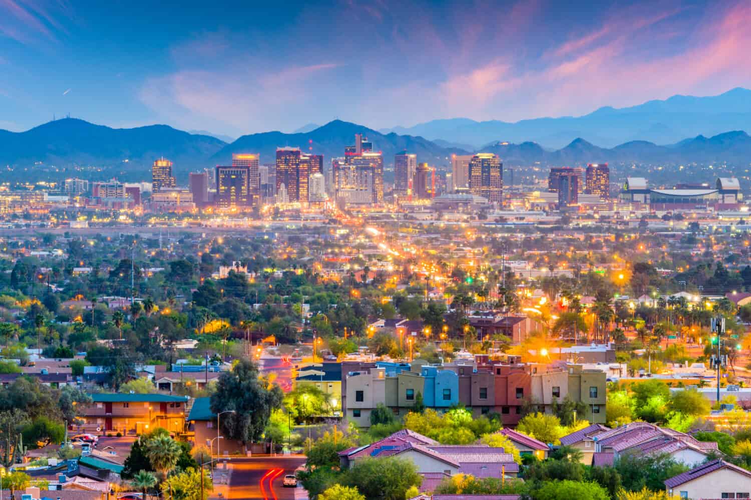 Phoenix, Arizona, USA downtown cityscape at dusk.