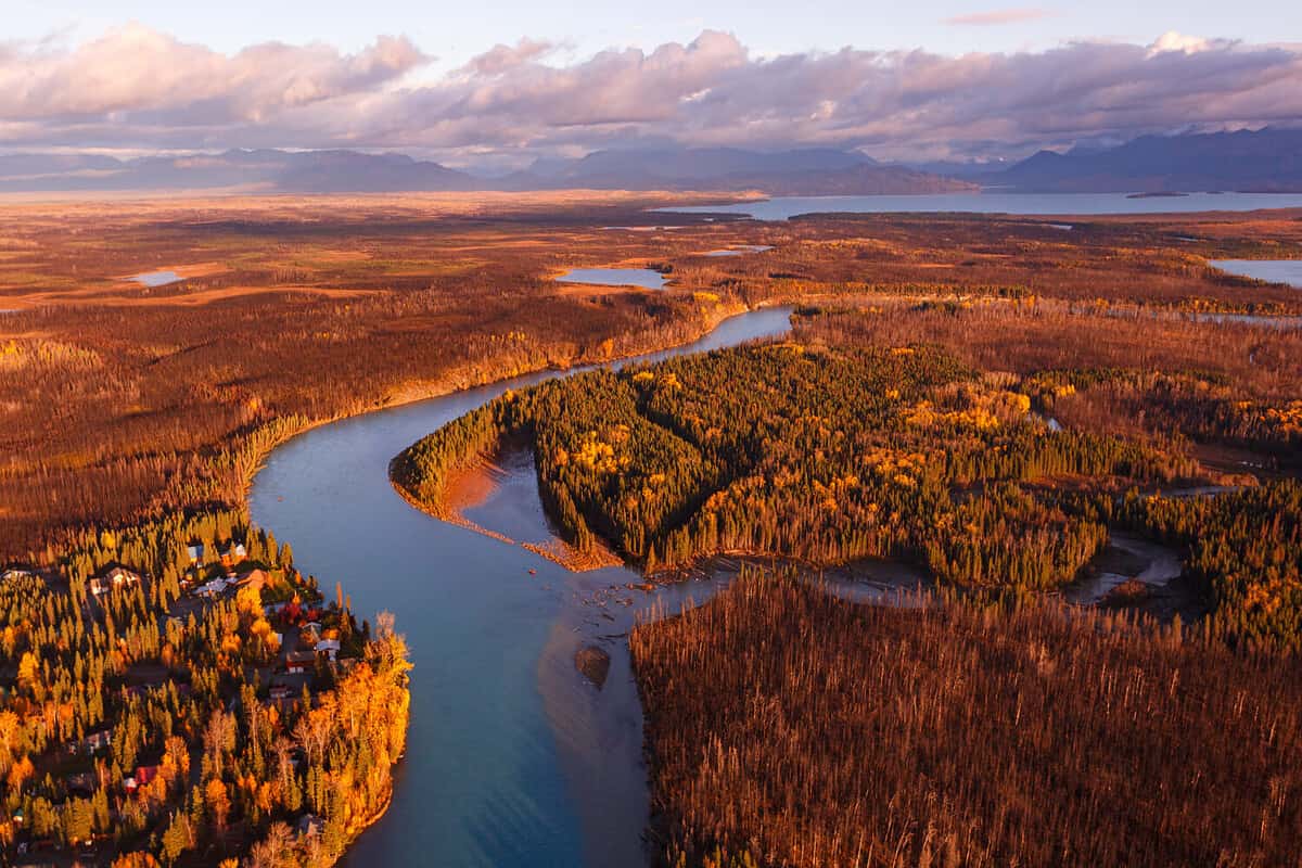 Aerial view of autumn color along the Kenai river on the Kenai Peninsula in Alaska.