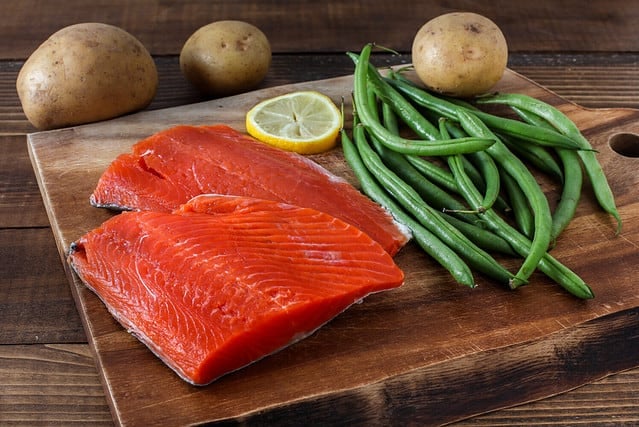 Sock eyed salmon with green beans and lemon