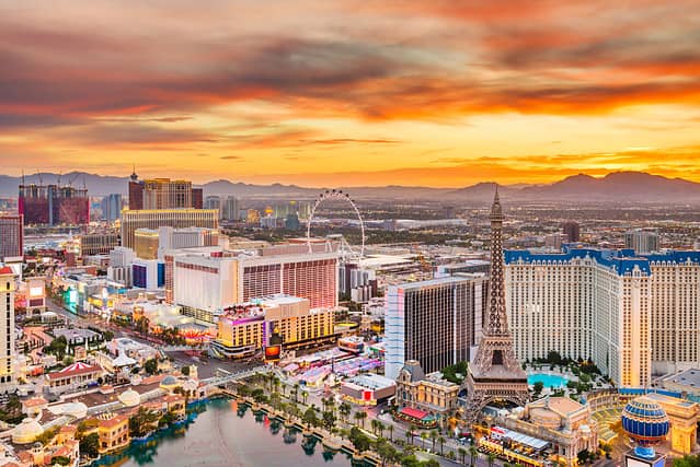 Las Vegas, Nevada, USA skyline over the strip at dusk.