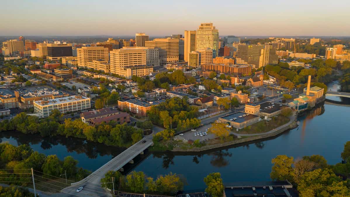 Saturated early morning light hits the buildings and architecture of downtown Wilmington Delaware