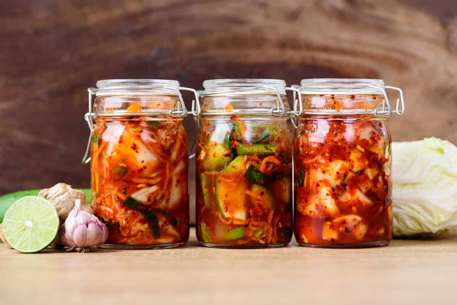 Kimchi cabbage, cucumber and radish in a jar, Korean food