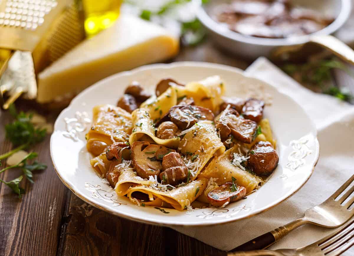 Pappardelle pasta with porcini mushrooms sprinkled with parmesan cheese and chopped parsley, close up