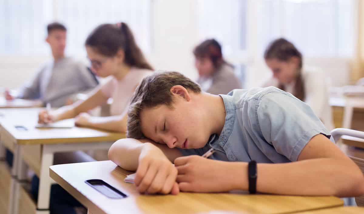Tired bored teenage school boy sleeping at desk in classroom
