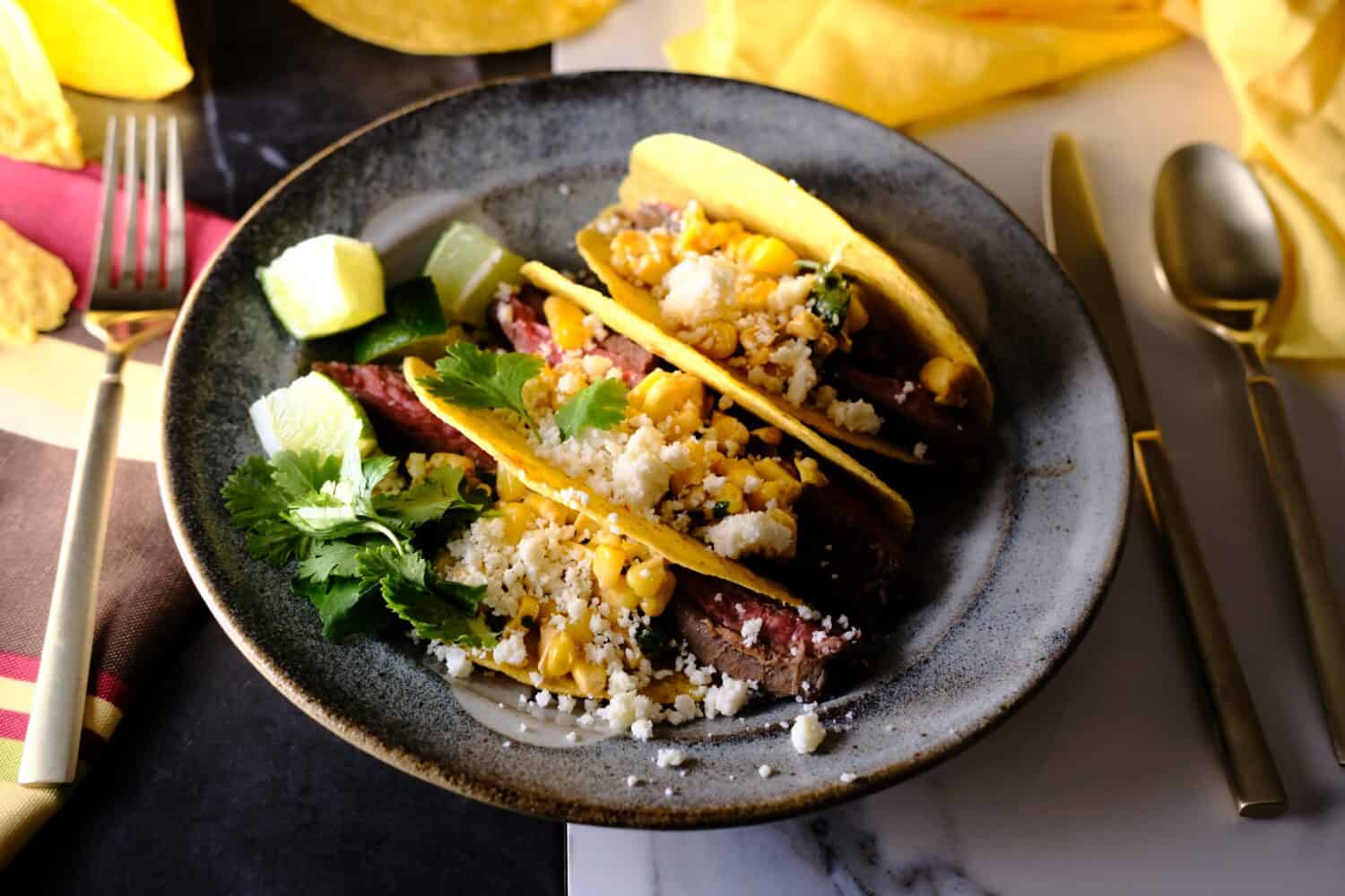 Grilled elote street corn tacos with cotija cheese