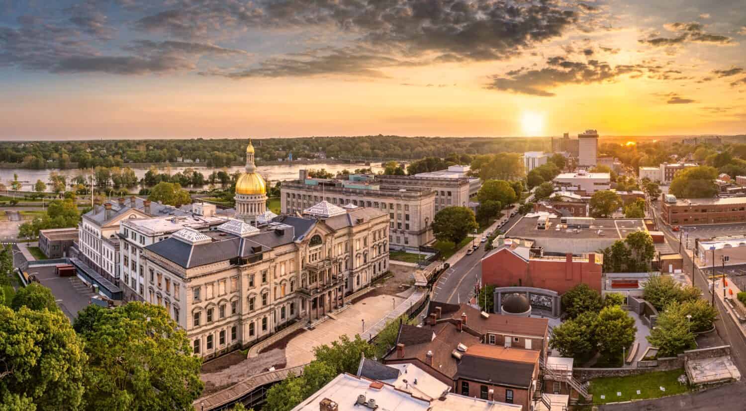 Aerial panorama of Trenton New Jersey skyline amd state capitol at sunset. Trenton is the capital city of the U.S. state of New Jersey and the county seat of Mercer County.