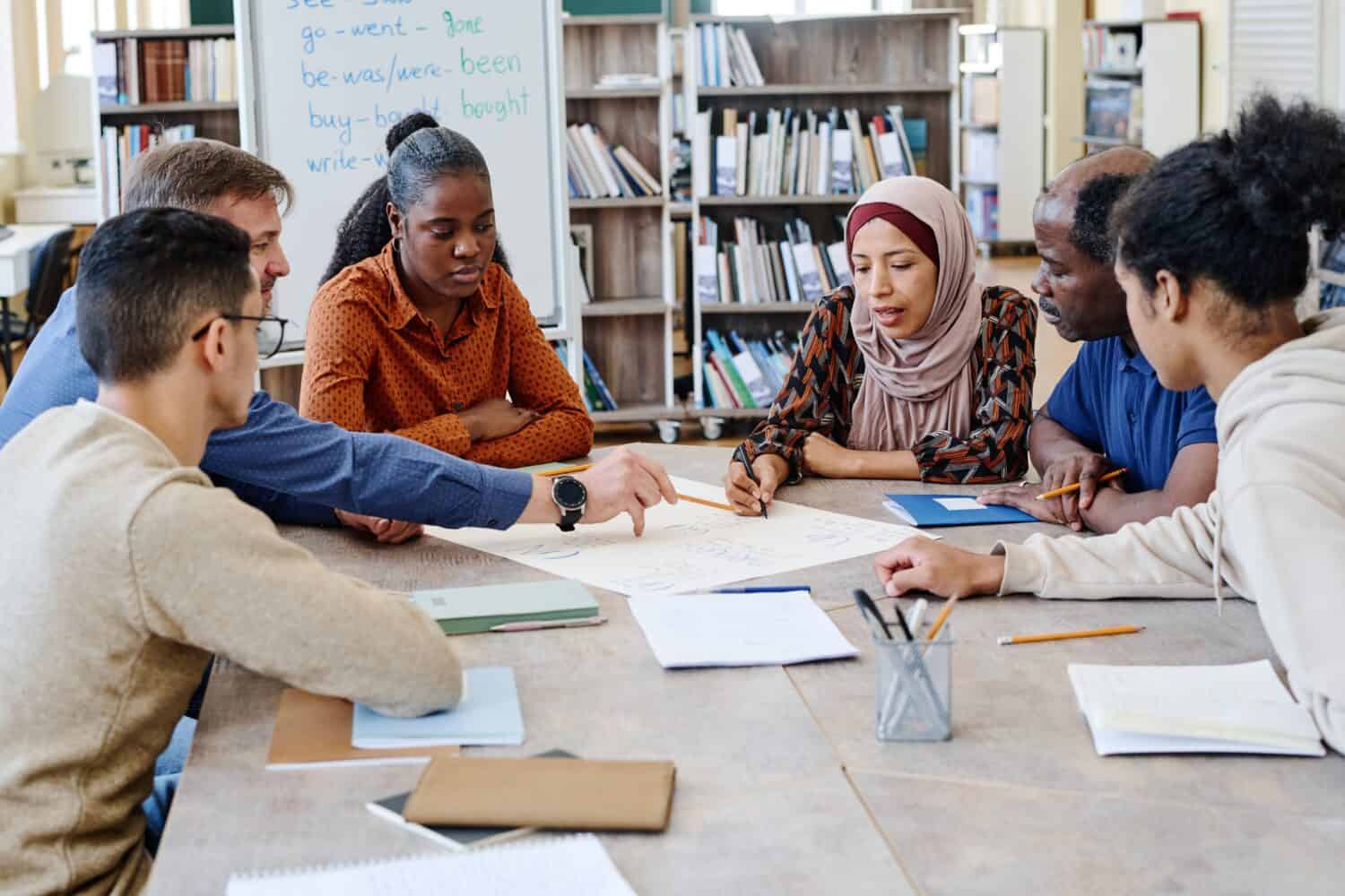 Group of multi-ethnic immigrant students attending international school lessons working on English language poster together