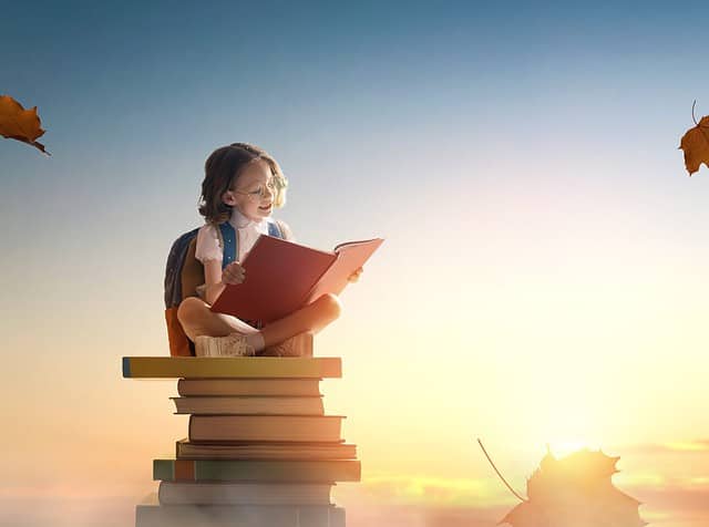 Back to school! Happy cute industrious child sitting on the tower of books on background of sunset sky. Concept of education and reading. The development of the imagination.