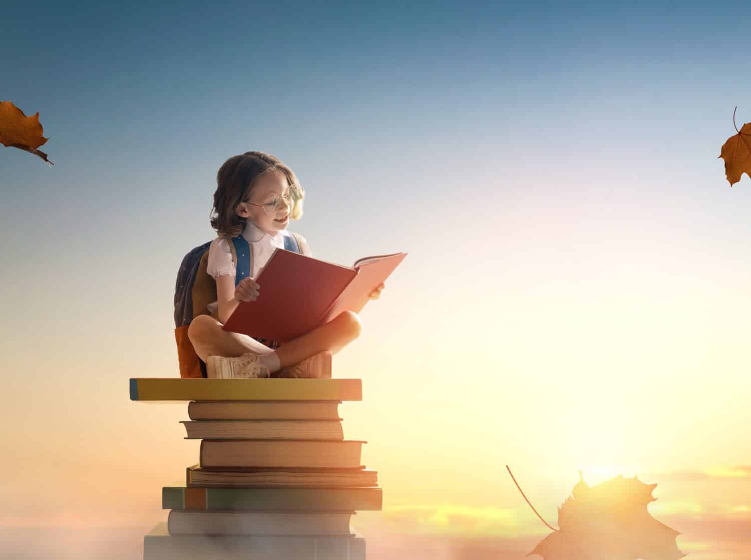 Back to school! Happy cute industrious child sitting on the tower of books on background of sunset sky. Concept of education and reading. The development of the imagination.