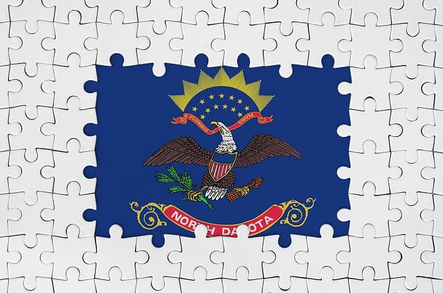 North Dakota US state flag in frame of white puzzle pieces with missing central parts