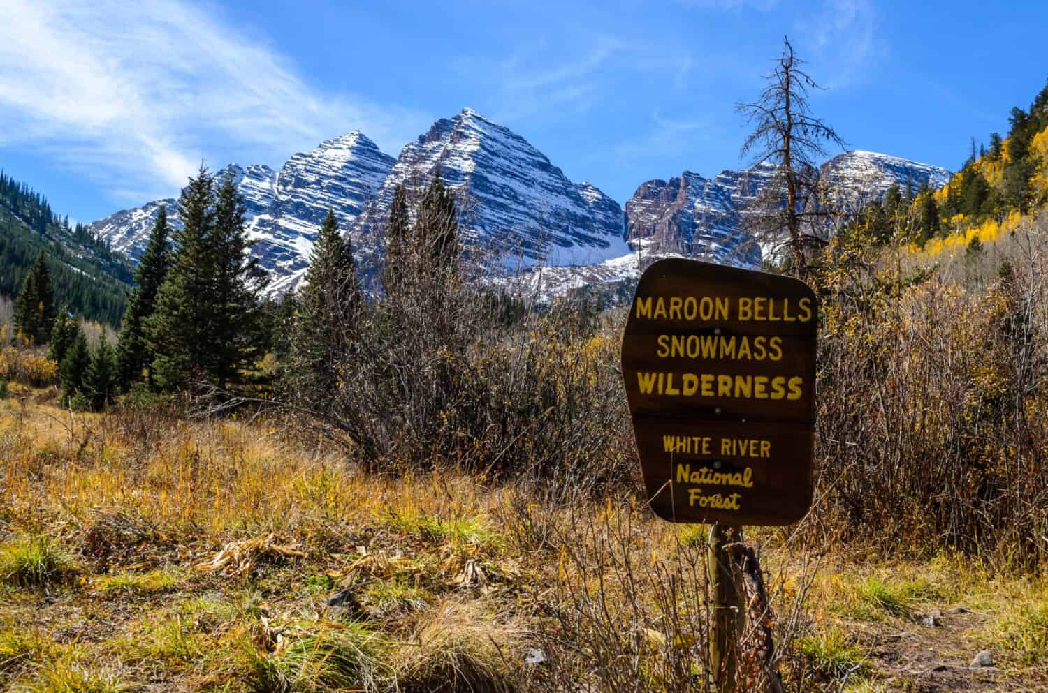 Maroon Bells Snowmass Wilderness sign in Aspen, CO, USA.