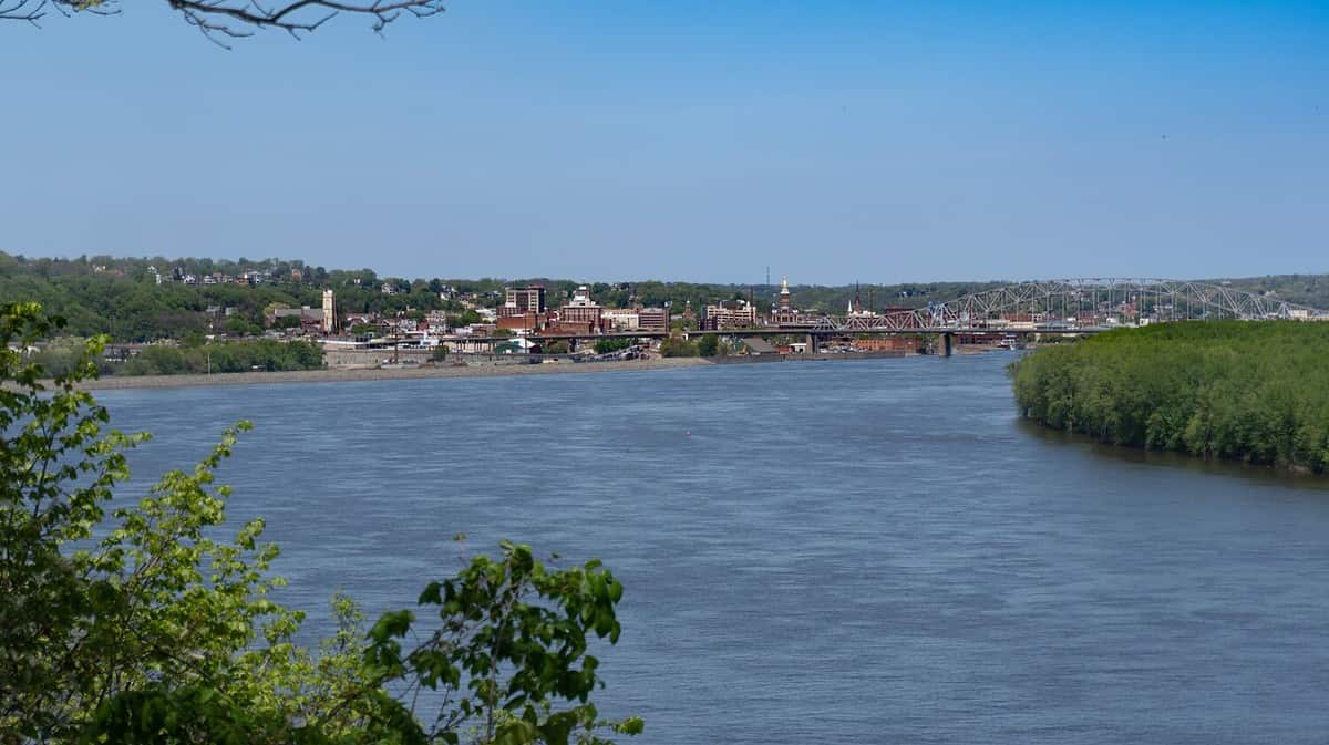 Dubuque, Iowa on the Mississippi River. Dubuque County Courthouse, Julien Dubuque Bridge. Saint Raphael's Cathedral, the oldest church in Iowa. Downtown in Tri-state area.