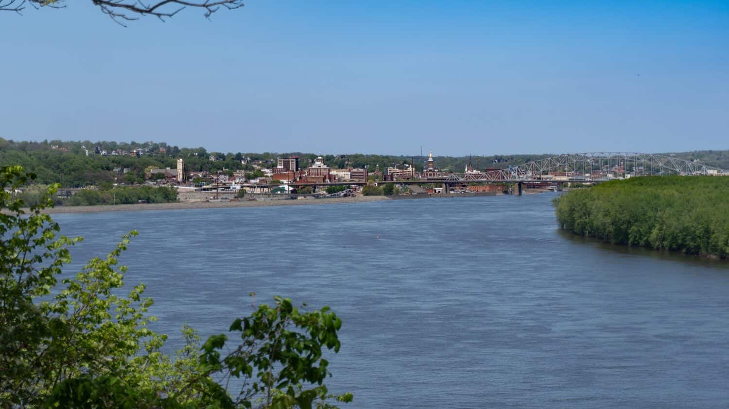 Dubuque, Iowa on the Mississippi River. Dubuque County Courthouse, Julien Dubuque Bridge. Saint Raphael's Cathedral, the oldest church in Iowa. Downtown in Tri-state area. 