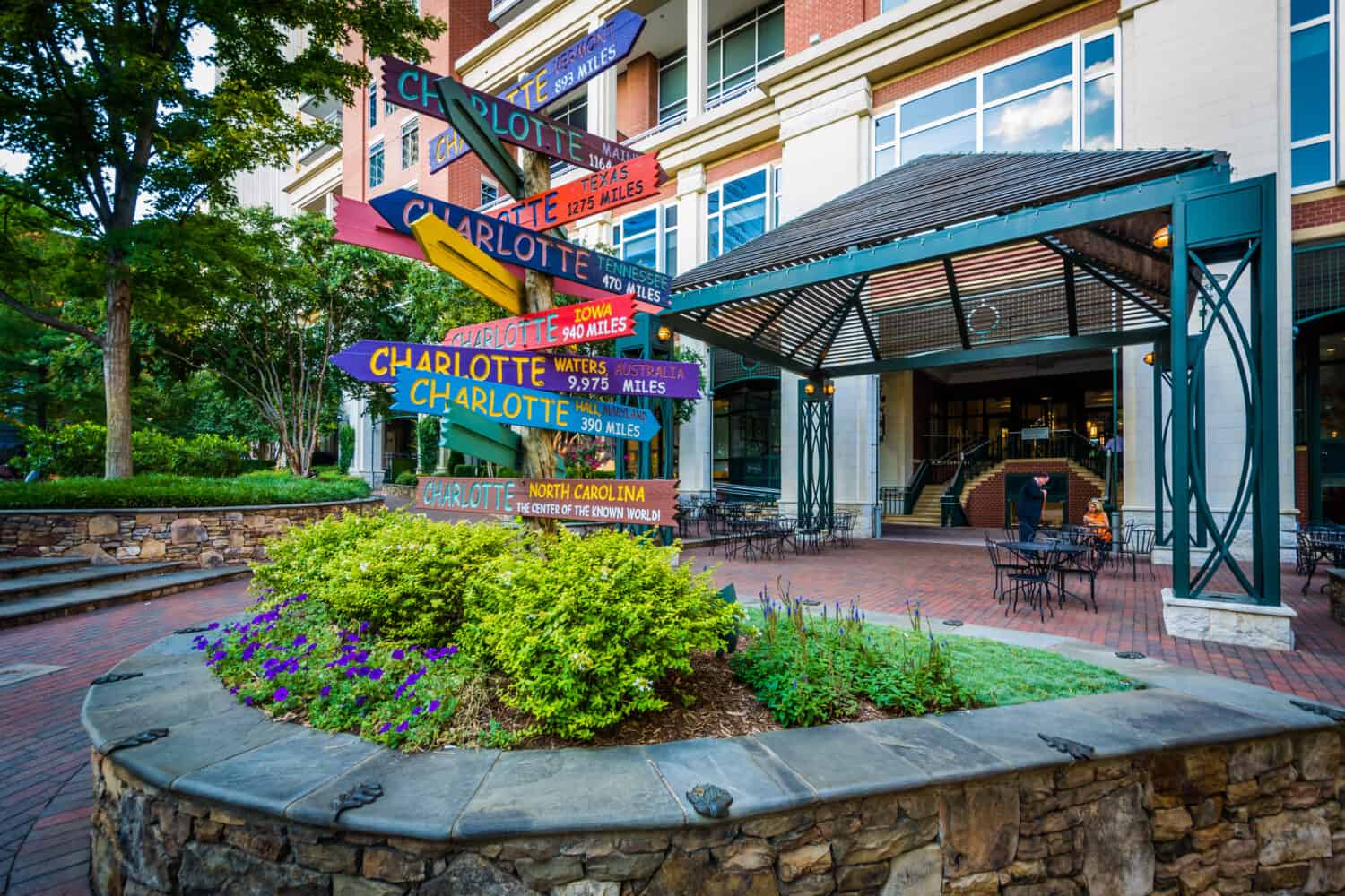 Distance signs at The Green, in Uptown Charlotte, North Carolina.