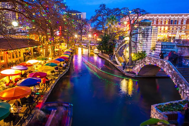 Lively winter night at River Walk in San Antonio, Texas