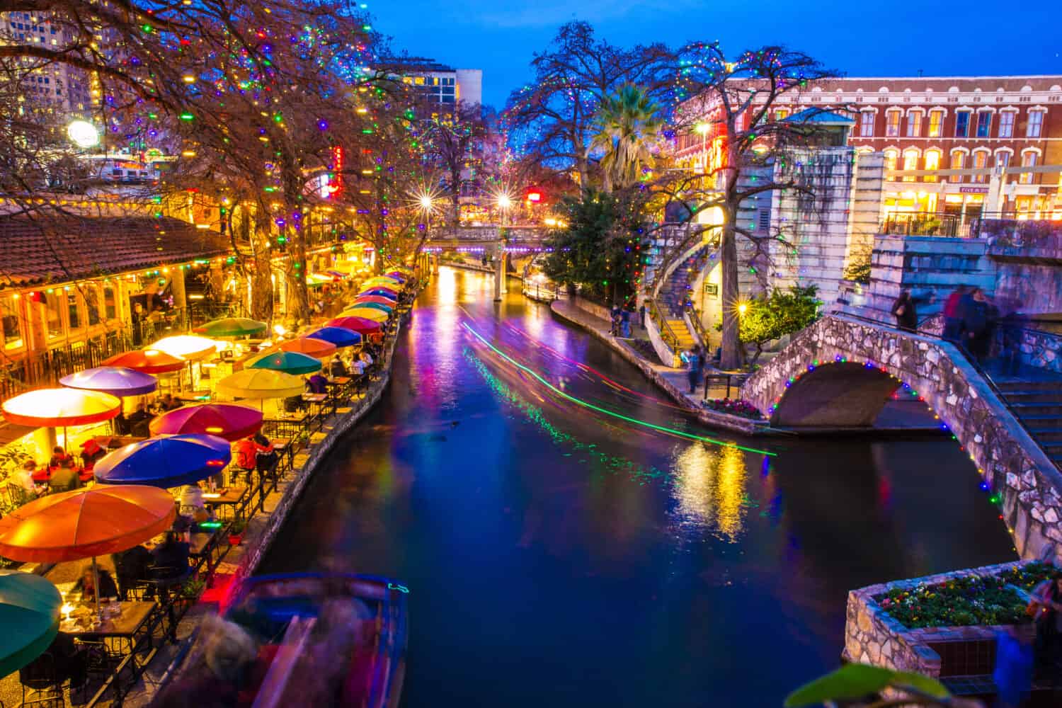 Lively winter night at River Walk in San Antonio, Texas