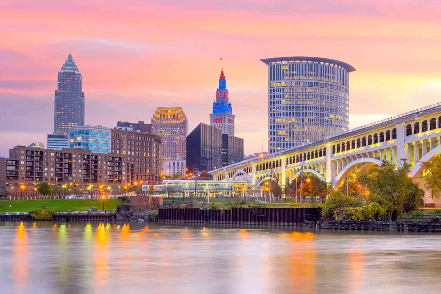 View of downtown Cleveland skyline in Ohio USA at twilight