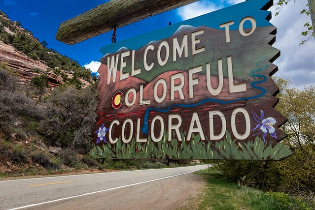 Welcome to Colorful Colorado State Road Sign near Utah/Colorado border going towards Norwood Colorado