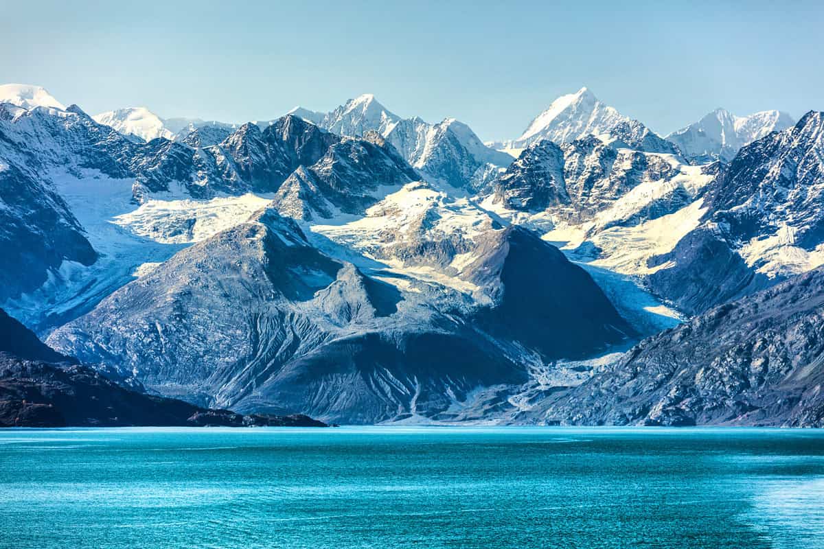 Glacier Bay cruise - Alaska nature landscape. Glacier Bay National Park in Alaska, USA. Scenic view from cruise ship vacation Alaska travel showing mountain peaks and glaciers.