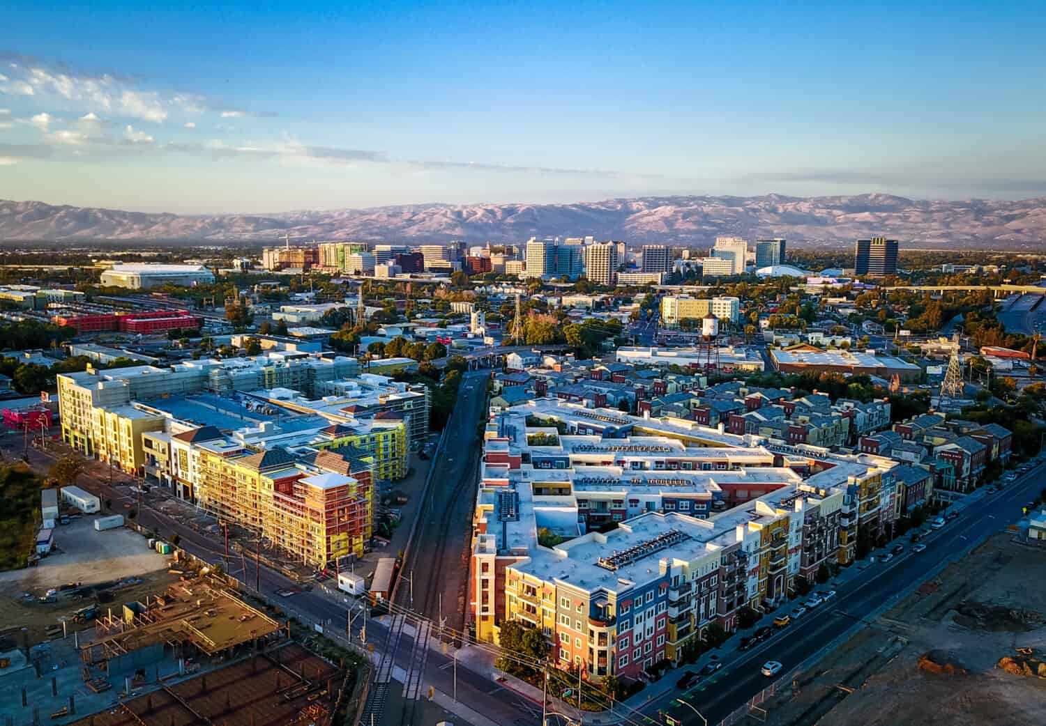 Drone photo of sunset over downtown San Jose in California