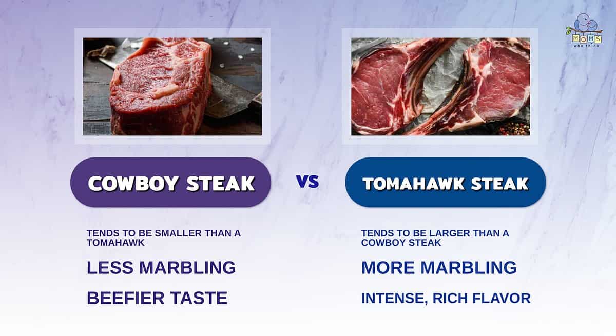 Infographic comparing cowboy steak and tomahawk steak.