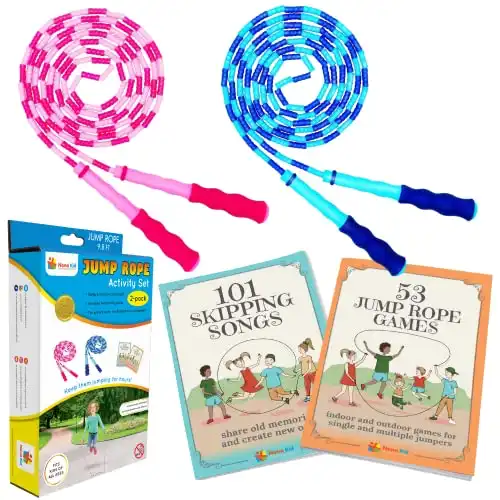 2 Pack Beaded Jump Rope for Kids - Easily Adjustable with Anti-Slip Handles, Plus 2 Activity Books