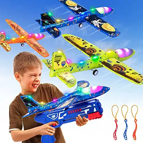 Lydaz 3 Pack Airplane Launcher Toys, 2 Flight Modes LED Slingshot Foam Airplanes for Kids with 3 DIY Stickers, Outdoor Sport Flying Toys Birthday Gifts for Boys Girls Age 3 4 5 6 7 8 10-12 Years Old