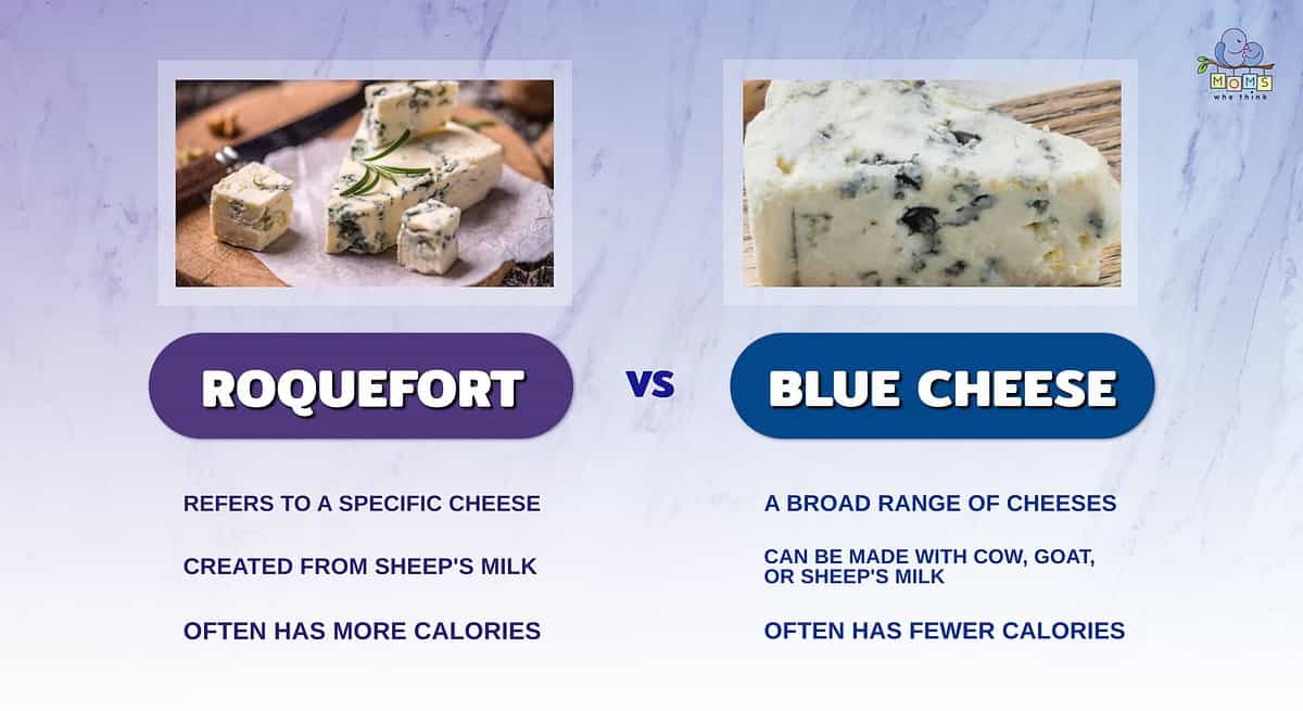 Infographic comparing Roquefort and blue cheese.