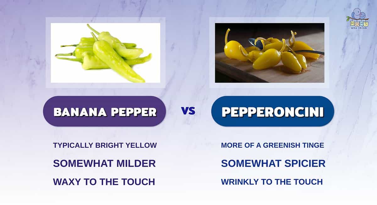 Infographic comparing banana peppers and pepperoncini.