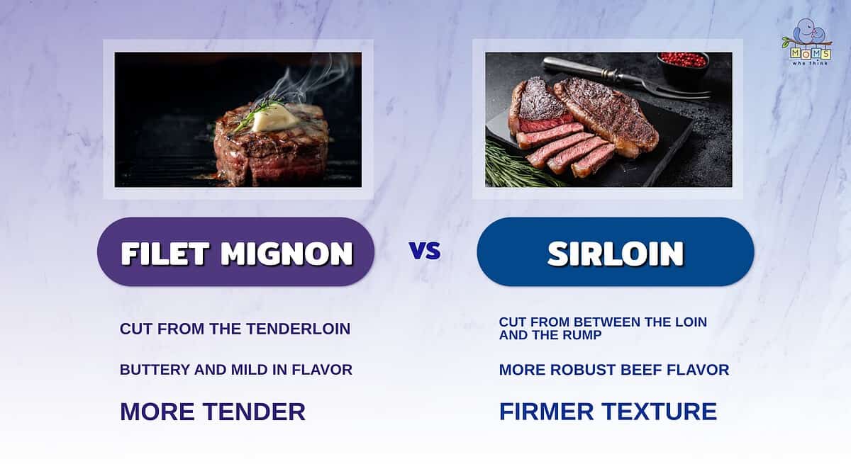 Infographic showing the difference between filet mignon and sirloin.