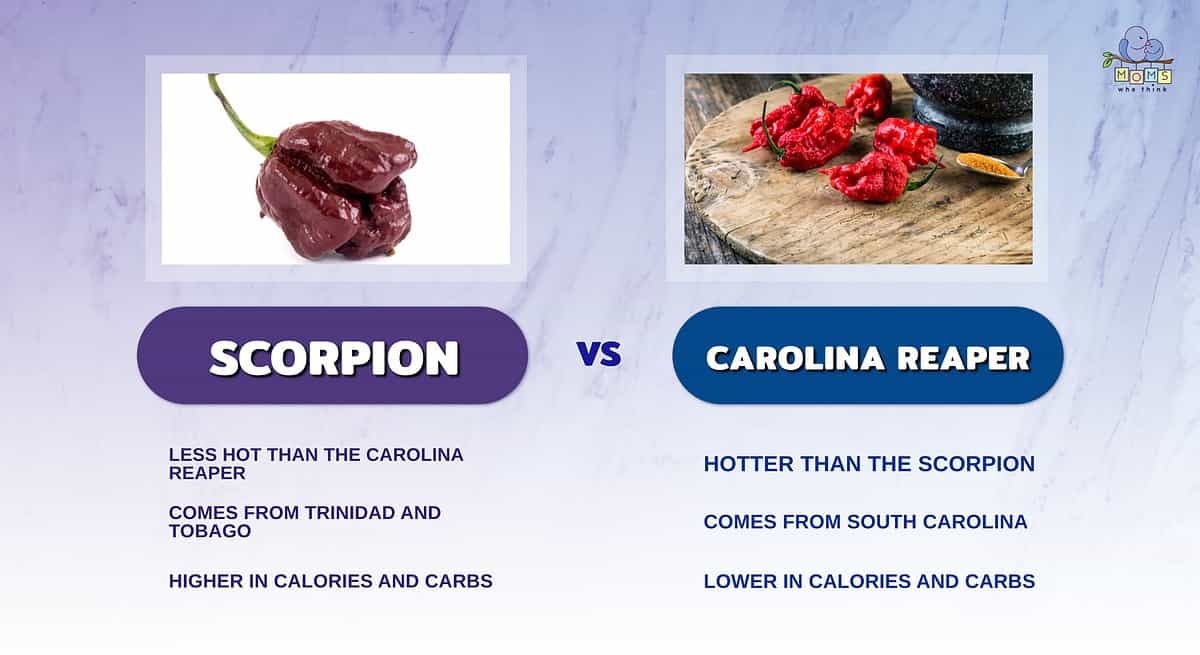 Infographic comparing Scorpion and Carolina Reaper peppers.