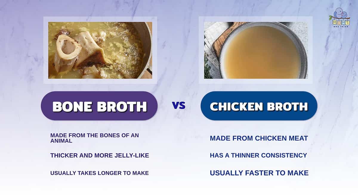Infographic showing the differences between bone broth and chicken broth.