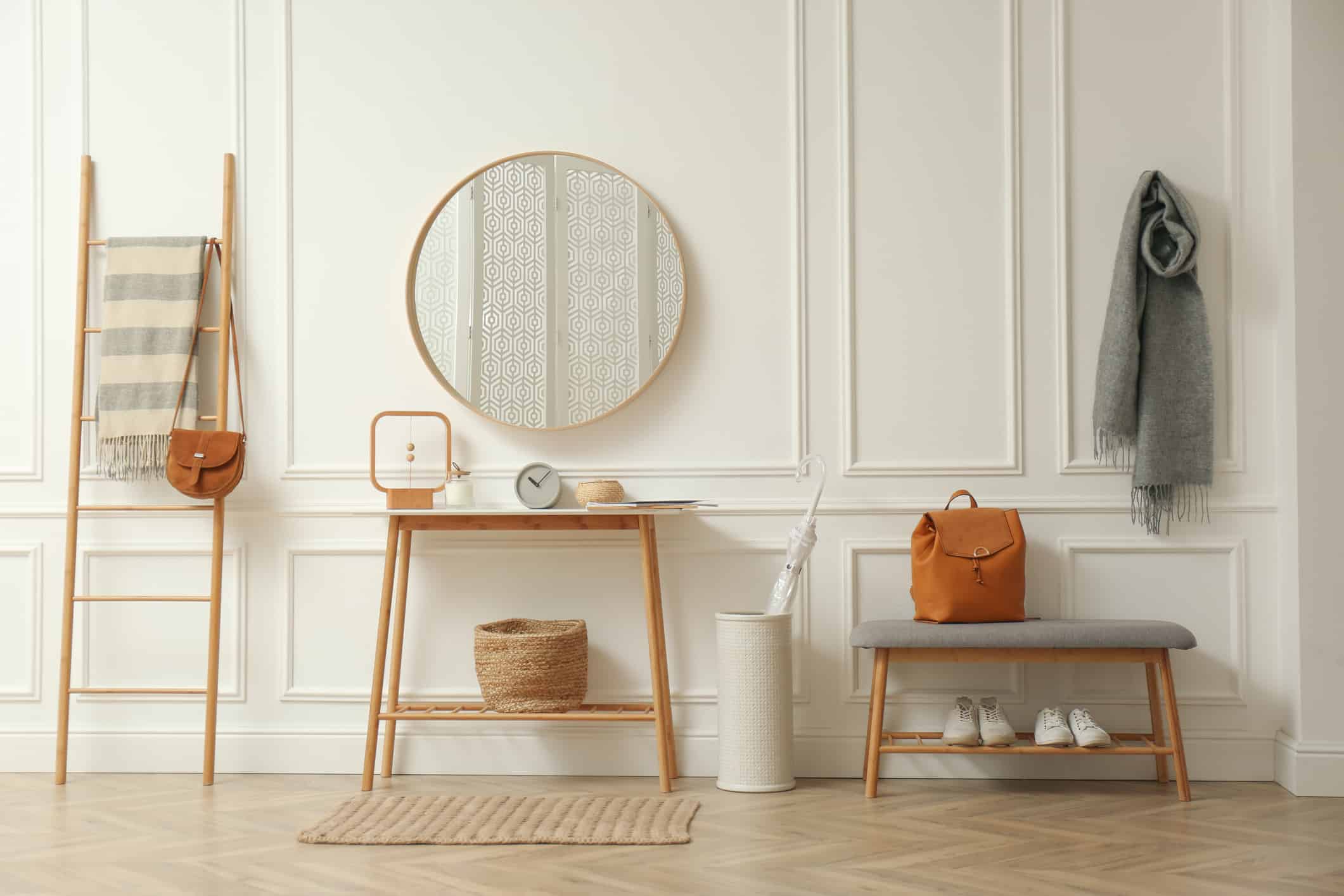 Hallway interior with stylish furniture, clothes and accessories