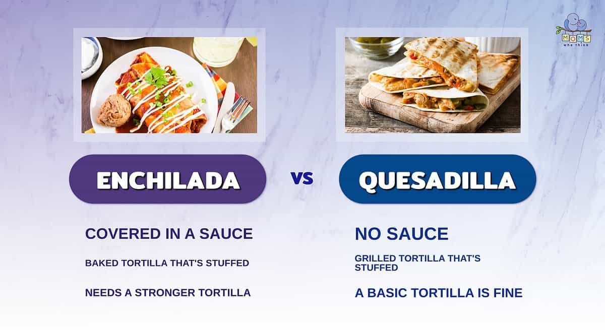 Infographic comparing enchiladas and quesadillas.