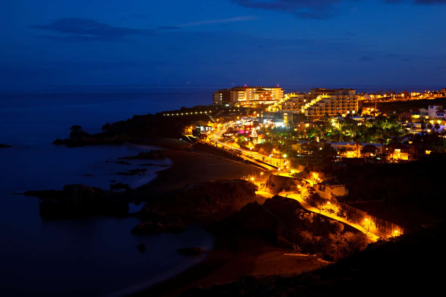 View to the hotel village of Los Cancajos in La Palma shortly after sunset.