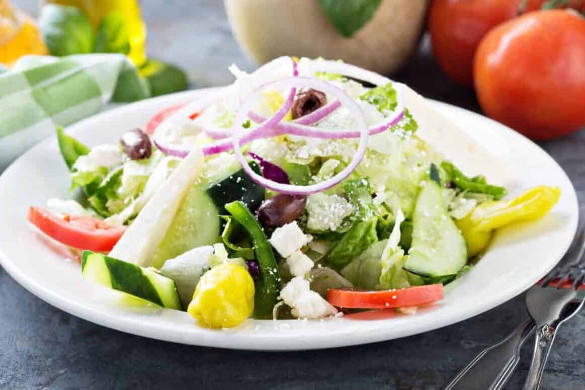 House salad with fresh vegetables pickled pepper and feta cheese