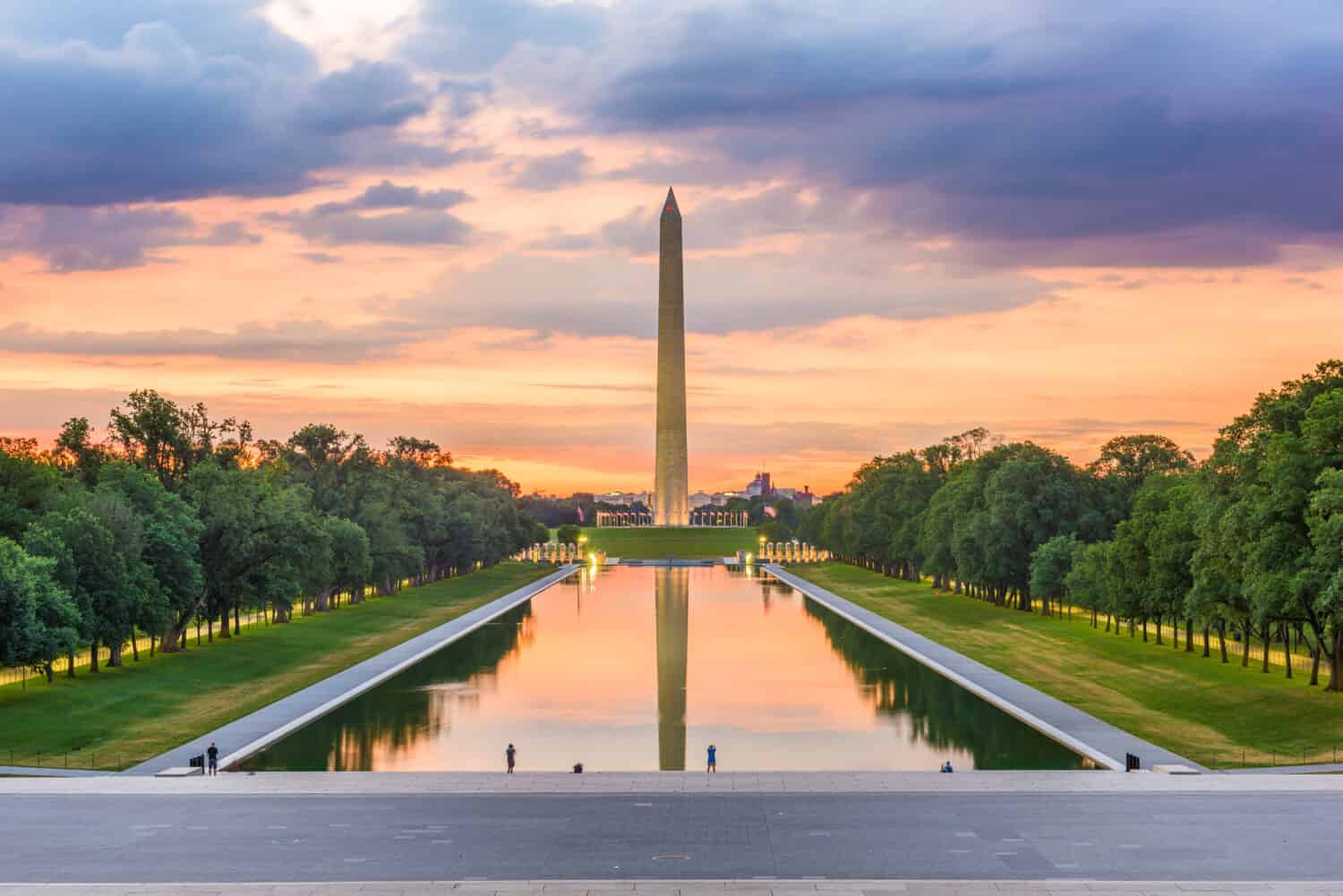 Washington Monument on the Reflecting Pool in Washington, DC, USA at dawn.