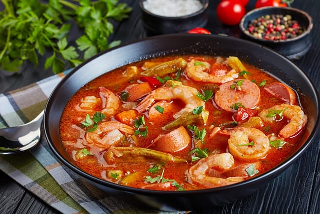 Delicious gumbo with prawns, baby okra and sausage in a bowl on a black table with napkin and silver spoon, view from above, close-up