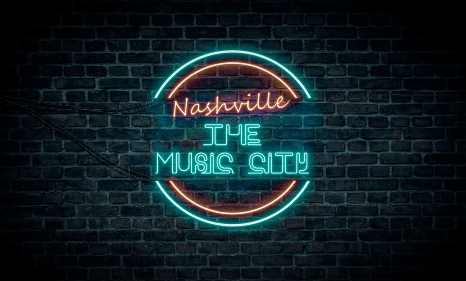 A red and blue neon light sign that reads:Nashville the Music City