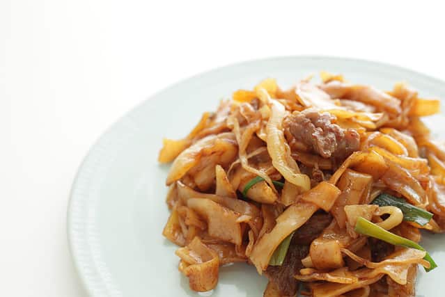 Chinese food, beef and rice noodles stir fried Chow Fun