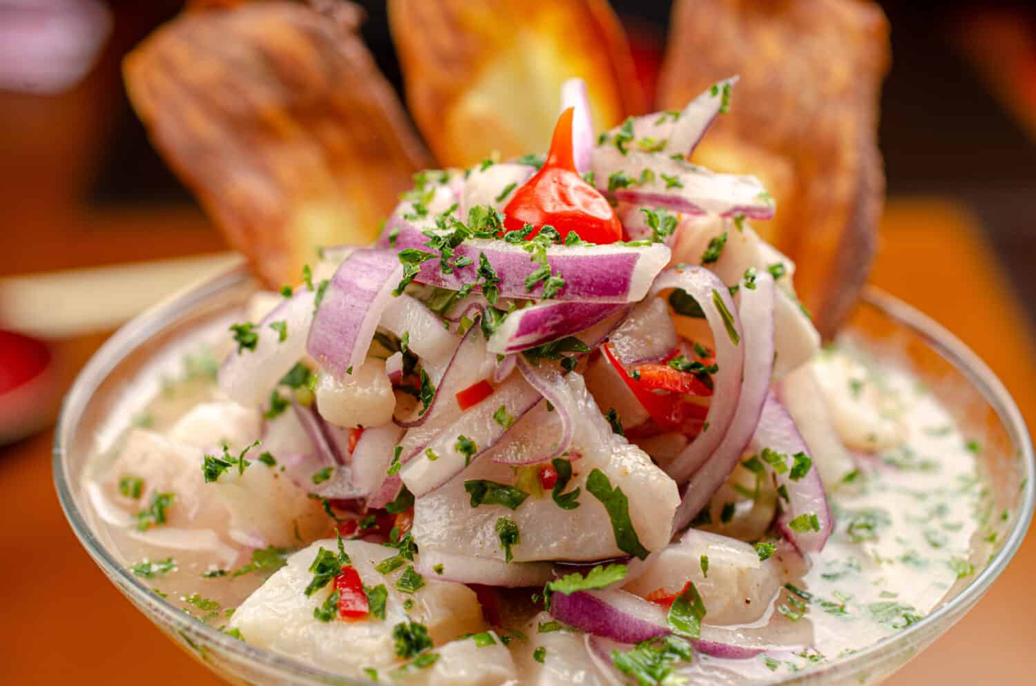 Peruvian fish ceviche with crispy