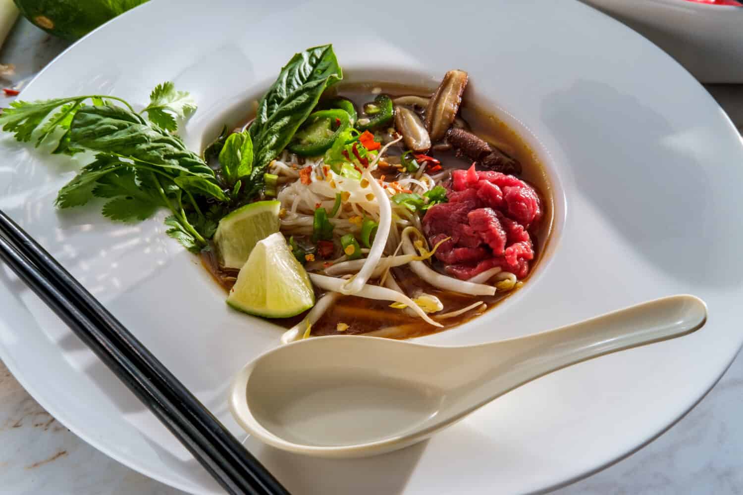 Traditional Vietnamese pho bo beef noodle soup served with noodles basil cilantro mushrooms and bean sprouts